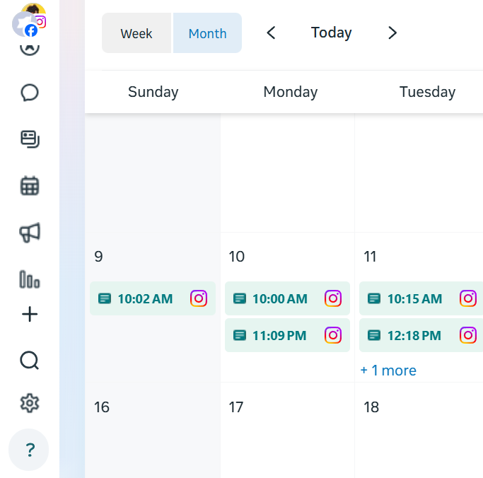 Meta Planner showing scheduled Instagram posts across a monthly content calendar